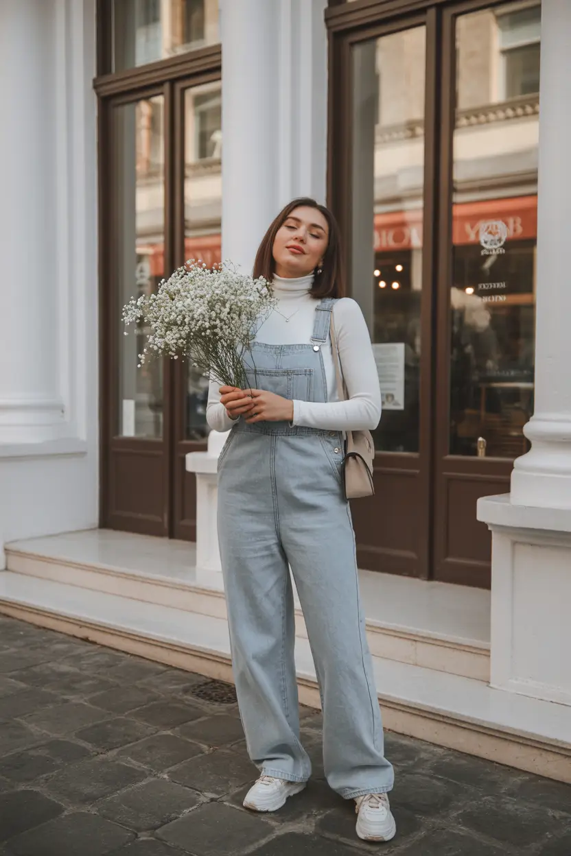 best denim spring outfits 2026 Light wash overalls with soft layering for early spring warmth