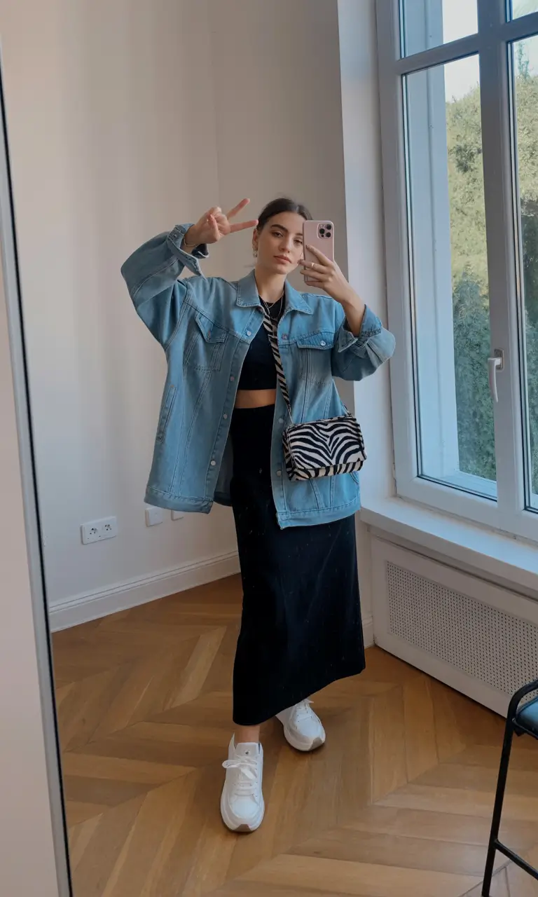 best denim spring outfits 2026 Oversized denim jacket over sleek black basics