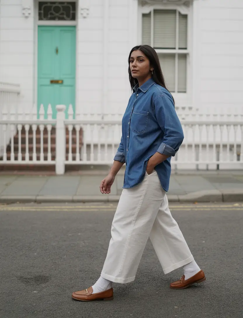 best denim spring outfits 2026 Relaxed denim shirt with crisp white wide leg pants