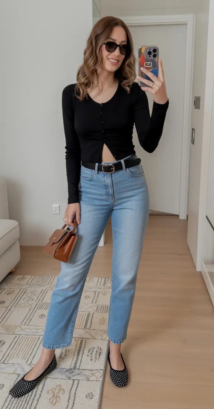 best denim spring outfits 2026 Soft black knit with light wash straight leg denim