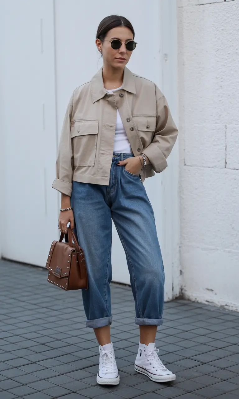 best denim spring outfits 2026 Neutral cropped jacket with relaxed cuffed denim