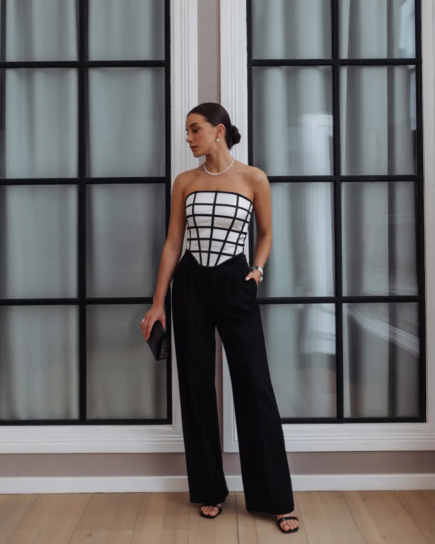 best spring party outfit inspo 2026 Grid Bodice And Tailored Black Trousers