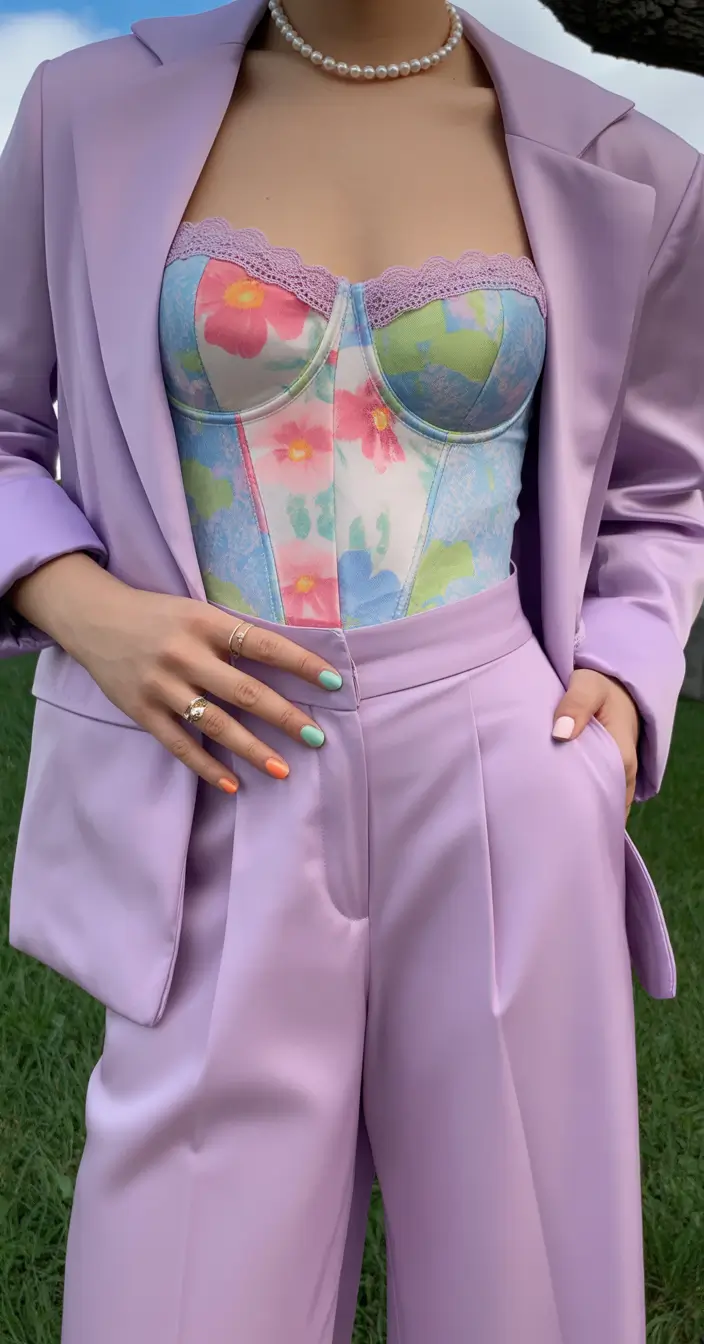 best spring party outfit inspo 2026 Pastel Suit And Floral Corset Romance