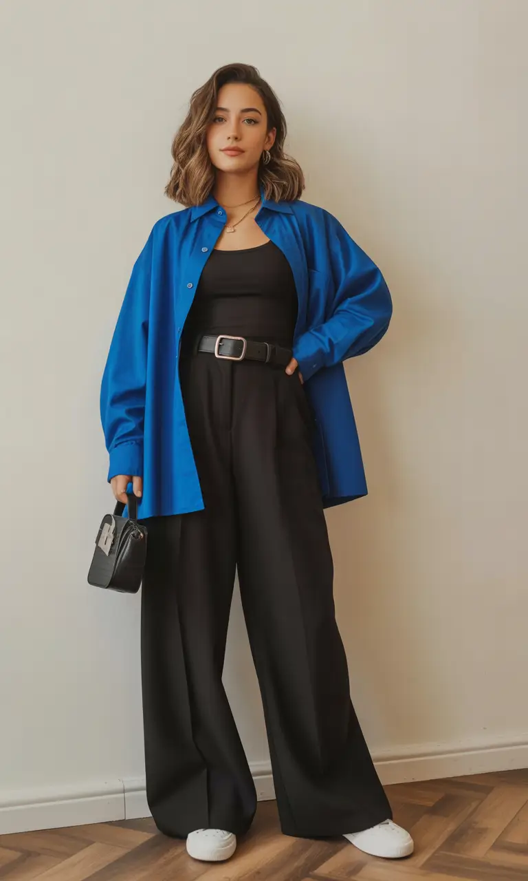 best spring party outfit inspo 2026 Bold Blue Layering With Relaxed Black Silhouette
