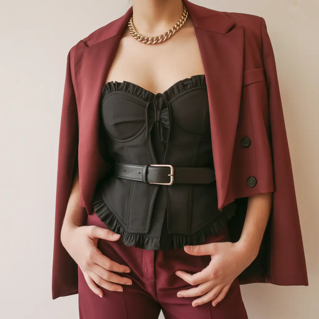 best spring party outfit inspo 2026 Burgundy Suiting With Structured Black Corset