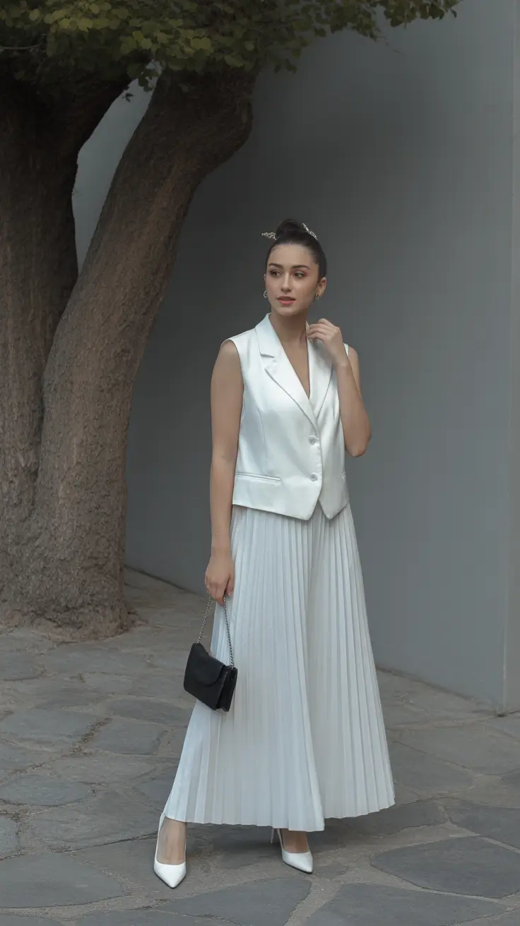 best spring party outfit inspo 2026 Monochrome Elegance in Soft Pleats