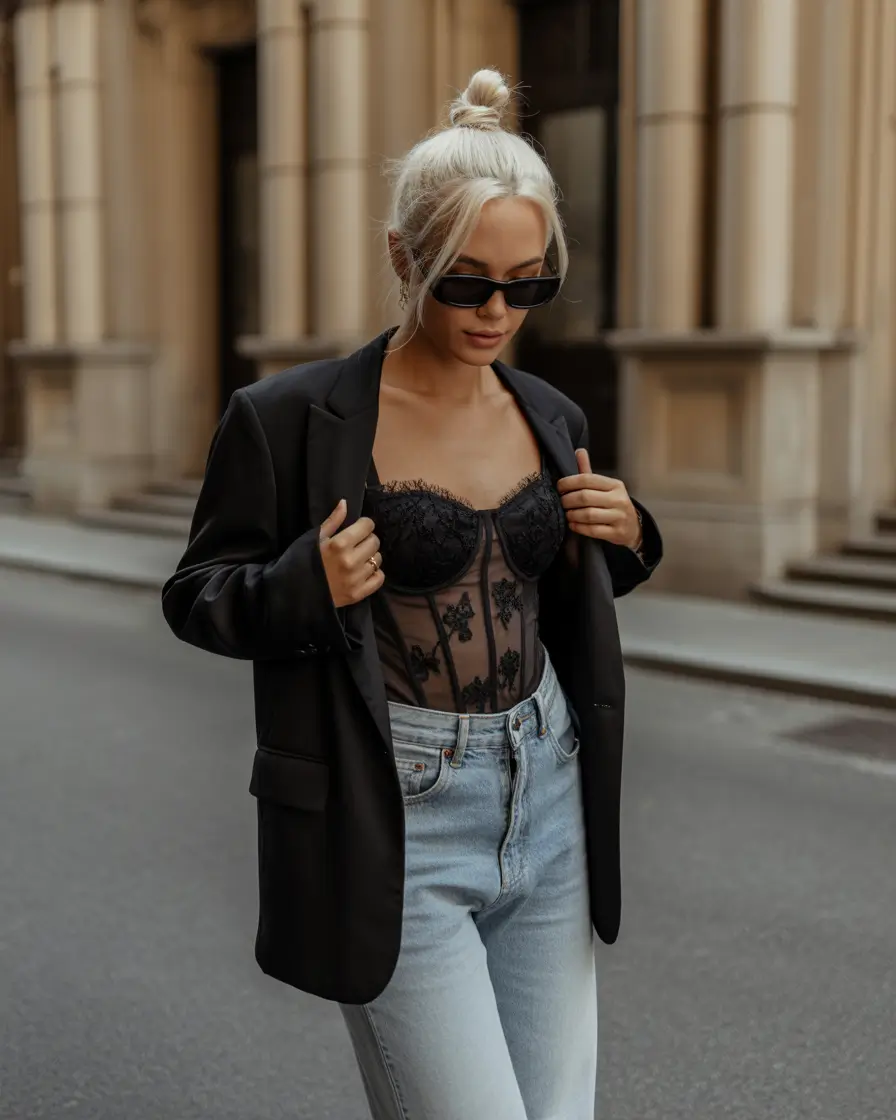 best spring party outfit inspo 2026 Blazer And Sheer Corset Urban Confidence