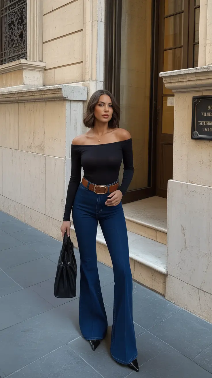 best spring party outfit inspo 2026 Off The Shoulder Flare Denim Silhouette
