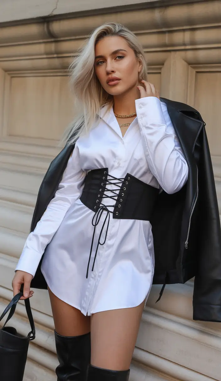 best spring party outfit inspo 2026 Shirt Dress With Corset And Leather Accent