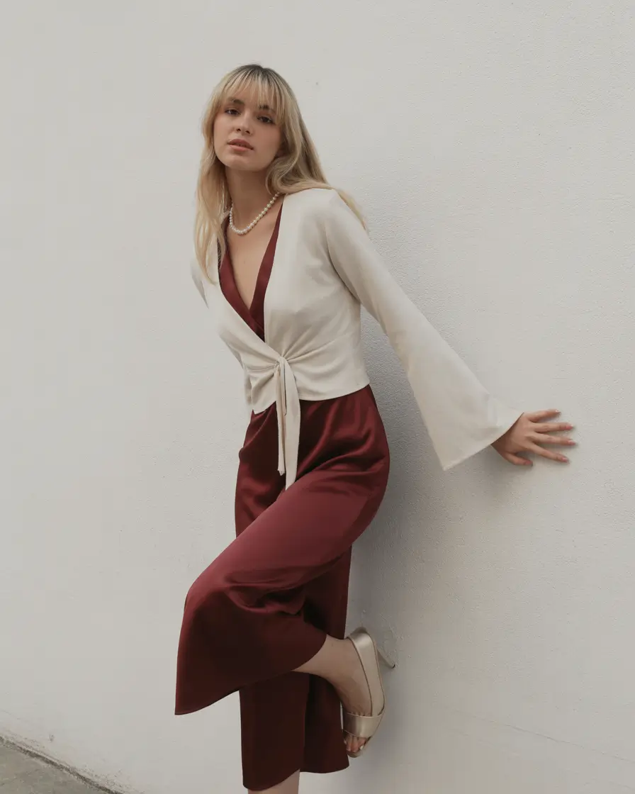best spring party outfit inspo 2026 Soft Satin Wrap And Wine Tone Elegance