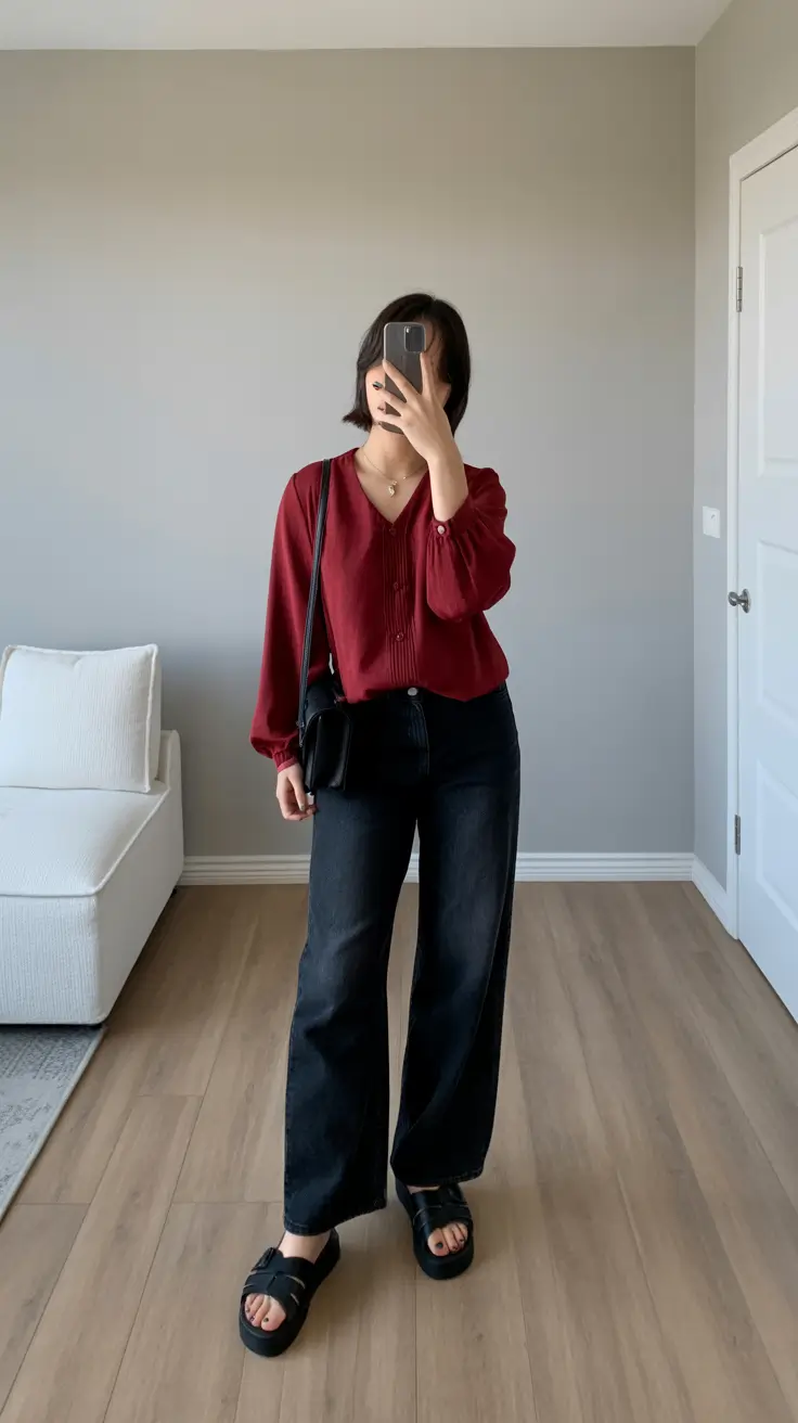 best spring party outfit inspo 2026 Relaxed Burgundy Top And Soft Denim Simplicity
