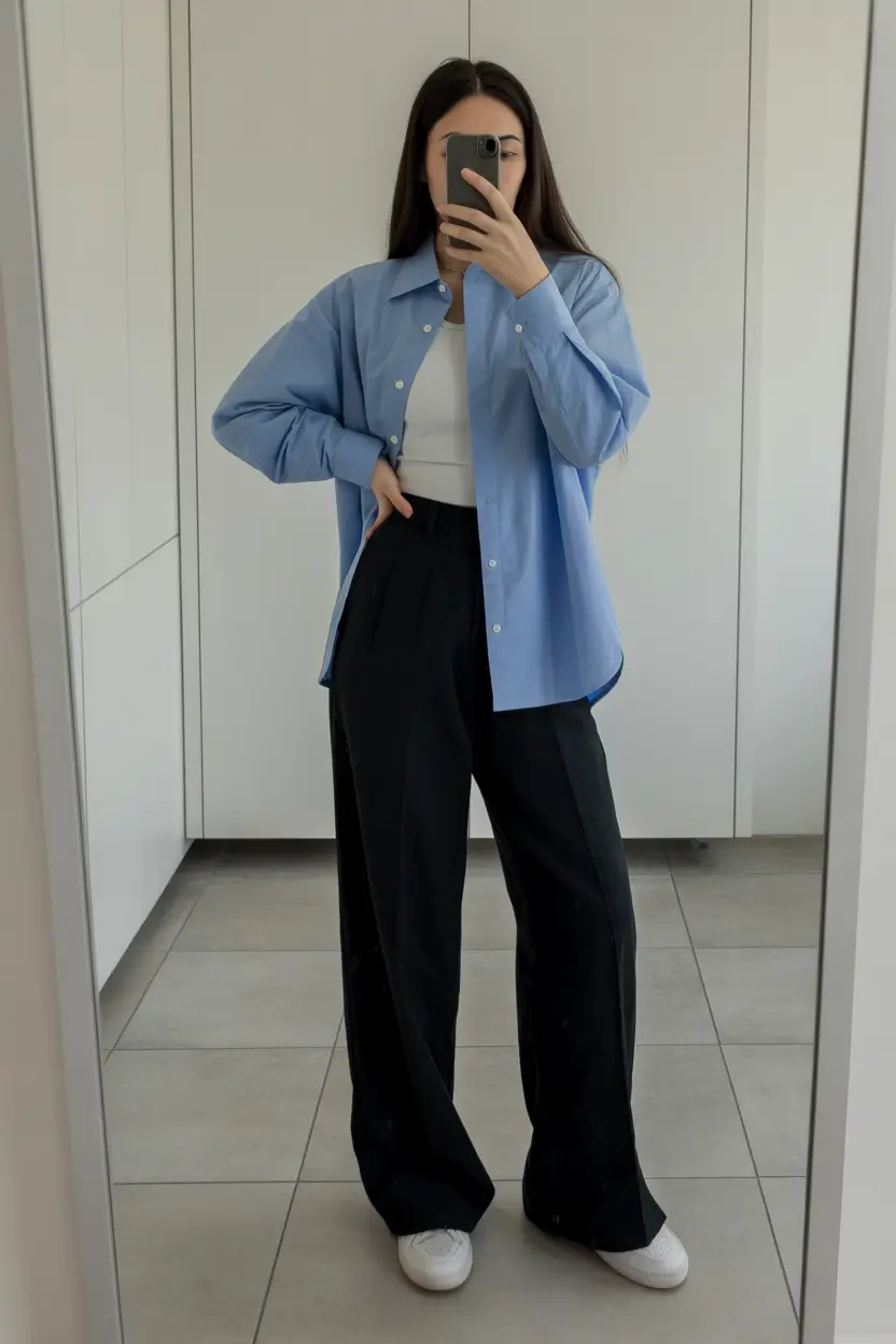 spring workwear 2026 Crisp Blue Shirt With Elevated Black Tailoring