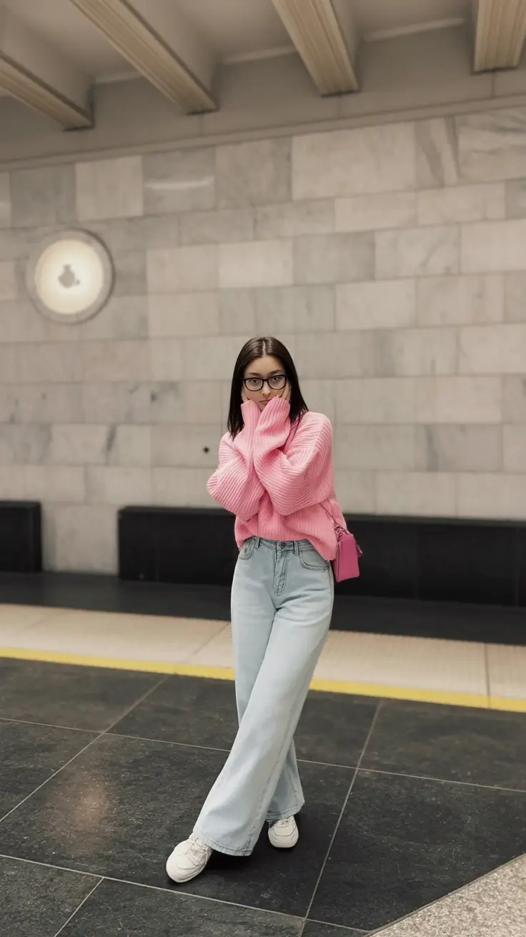 casual spring work outfits 2026 Soft Pink Warmth With Light Denim Ease