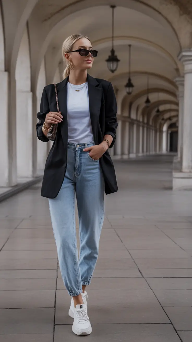 casual spring work outfits 2026 Black Blazer Ease With Weekend Denim Energy
