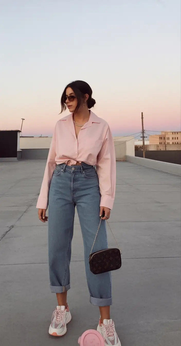 casual spring work outfits 2026 Soft Pink Shirt With Evening Spring Glow