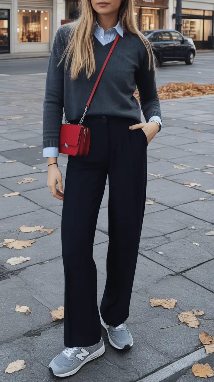casual spring work outfits 2026 Grey Sweater Sharpness With Standout Red Accent