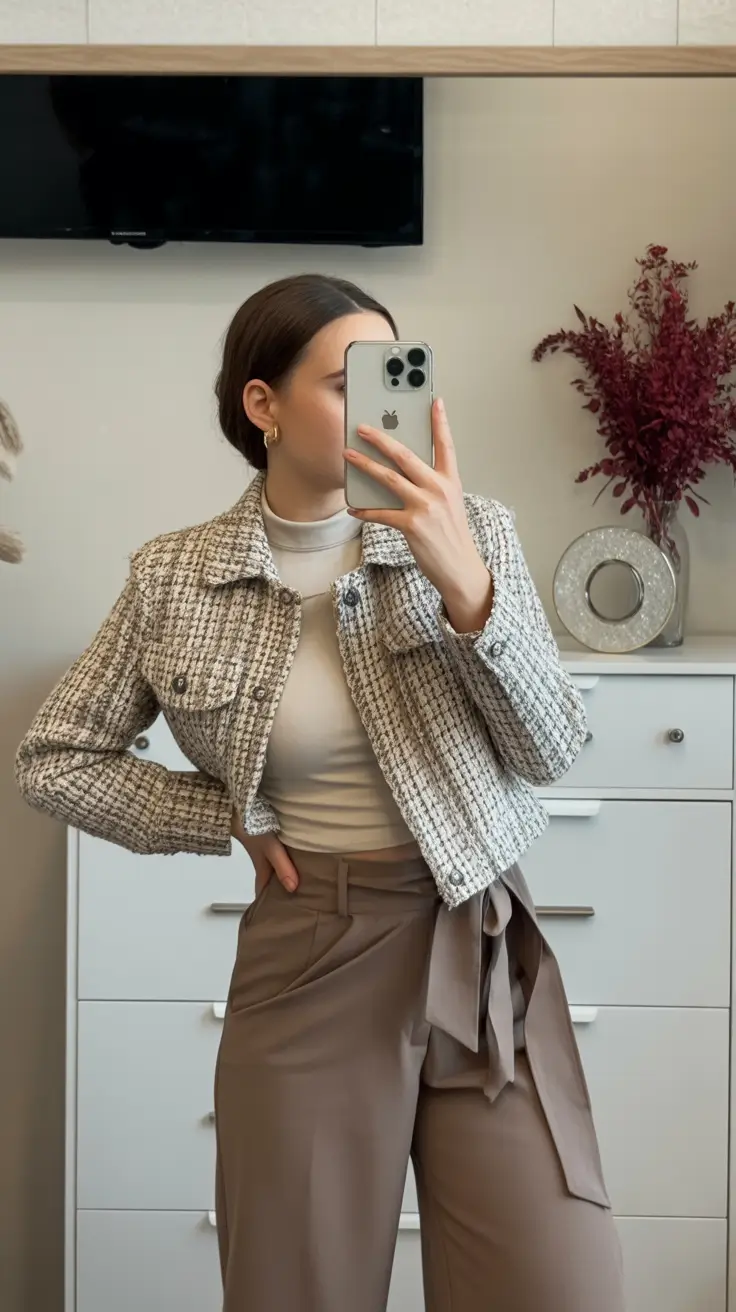 casual spring work outfits 2026 Tweed Texture for a Spring Workday