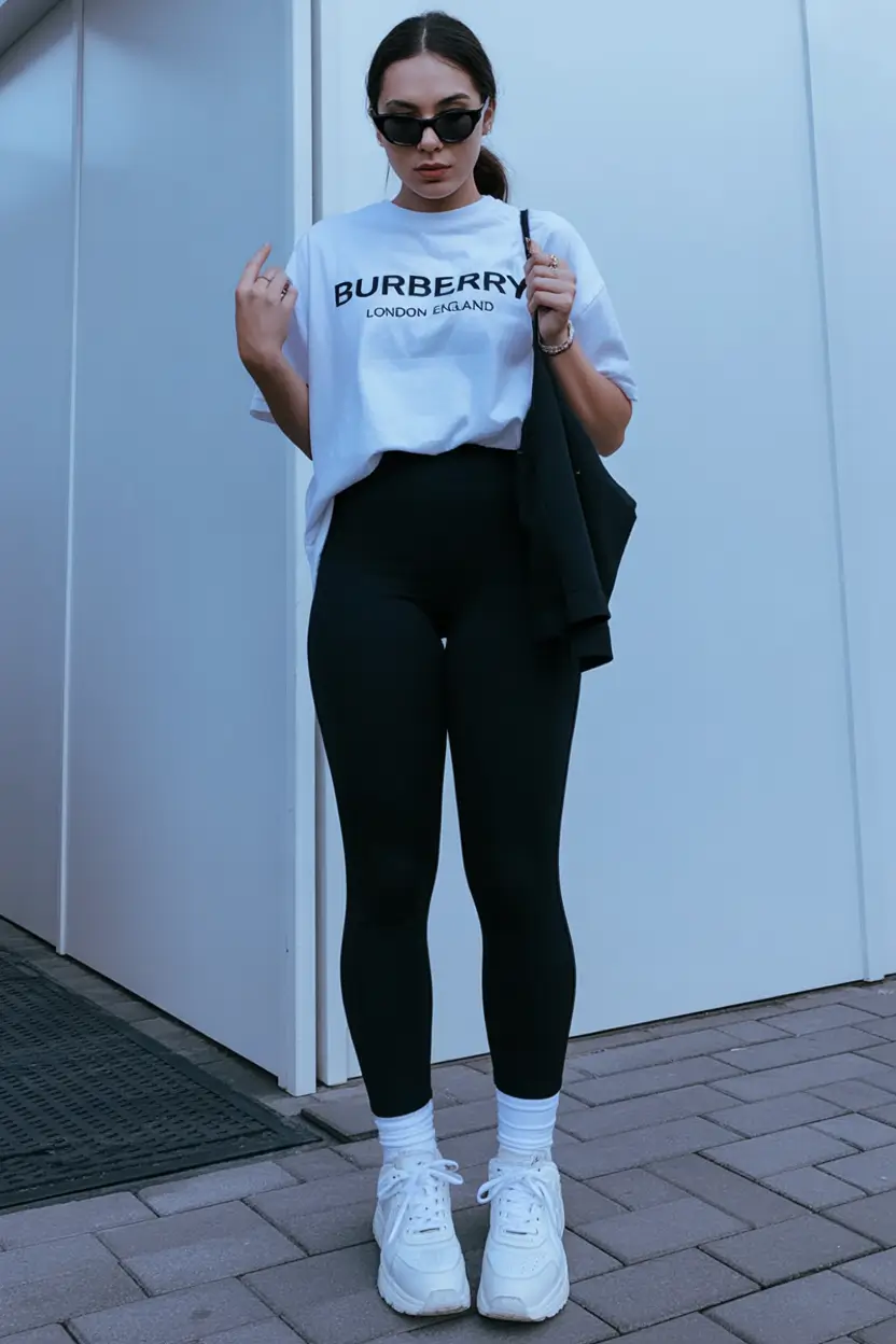 comfy spring outfits for cool spring 2026 minimal leggings and logo tee look