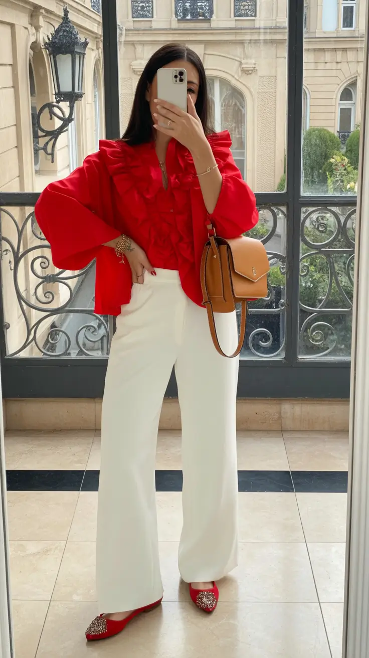 comfy spring outfits for cool spring 2026 red statement blouse with clean spring whites