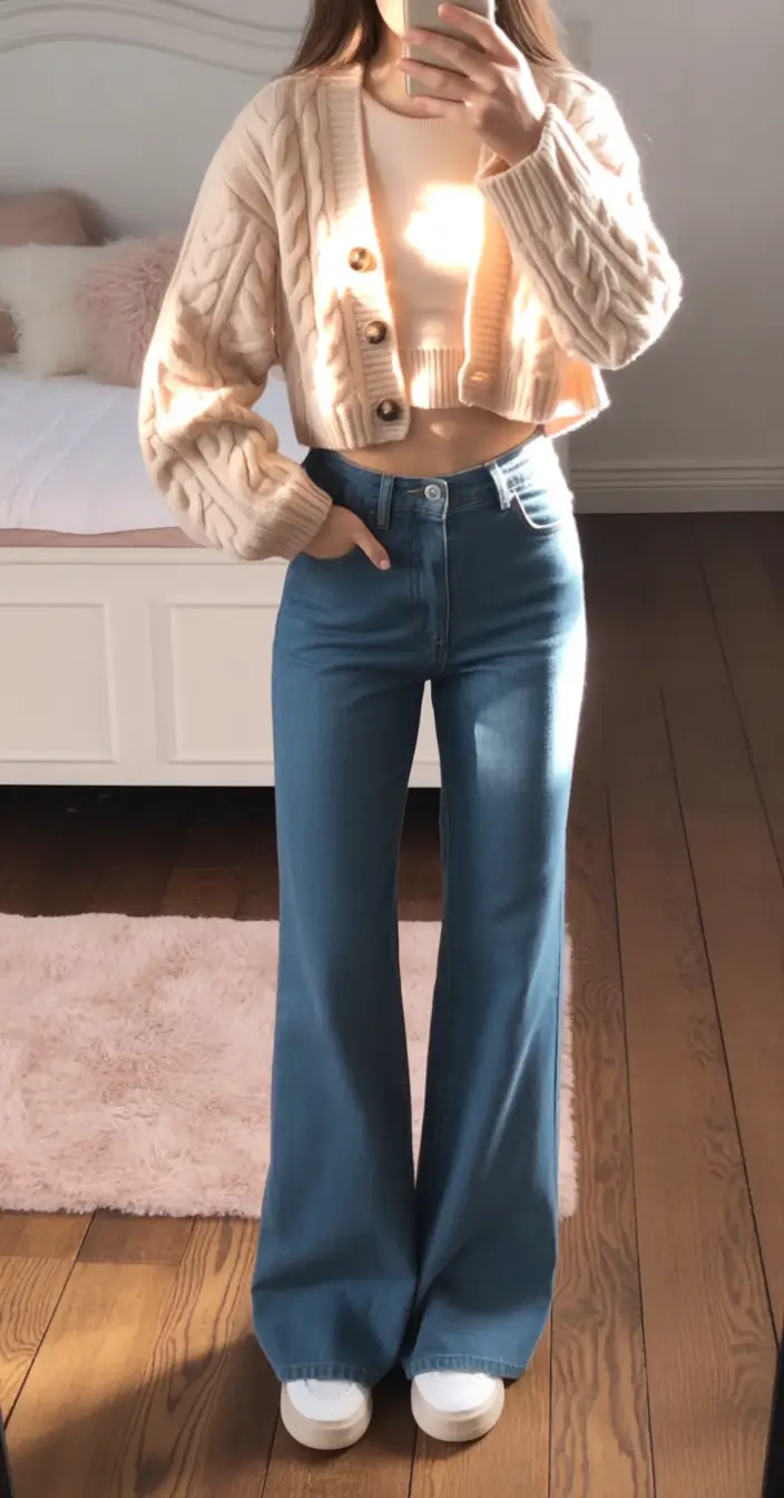 comfy spring outfits for cool spring 2026 cropped cable knit and wide leg denim