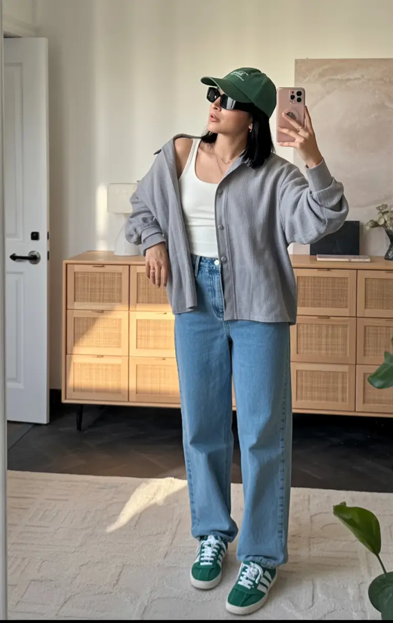 comfy spring outfits for cool spring 2026 soft layers with a spring baseball cap