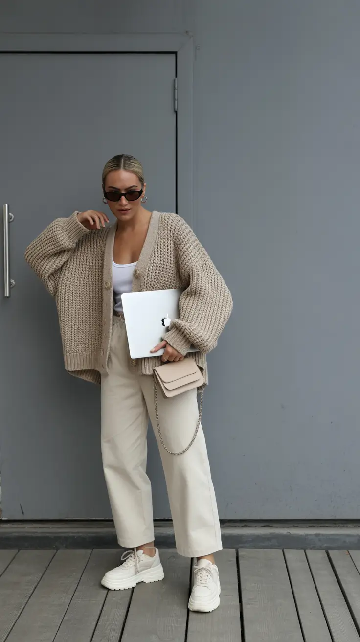 comfy spring outfits for cool spring 2026 monochrome neutrals with chunky knit comfort