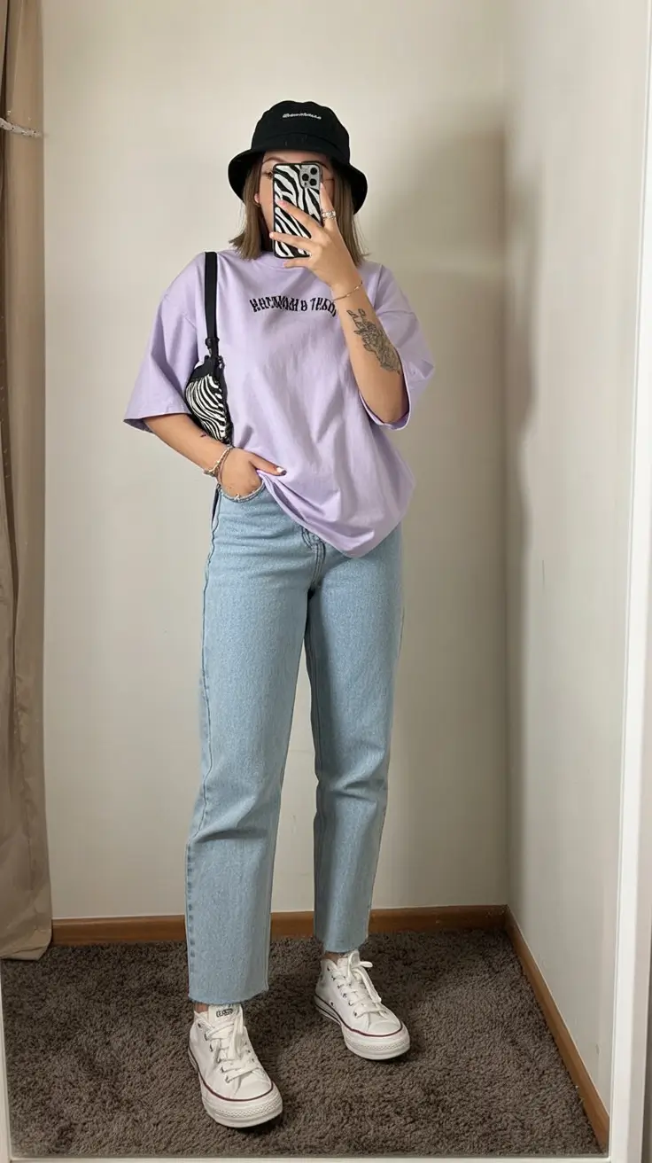 comfy spring outfits for cool spring 2026 soft lilac streetwear with vintage denim