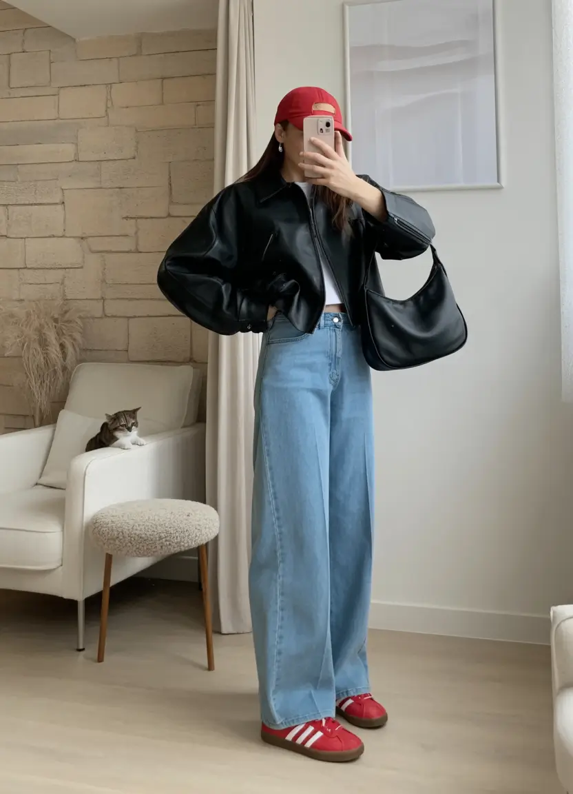 comfy spring outfits for cool spring 2026 red accents with black leather and wide denim