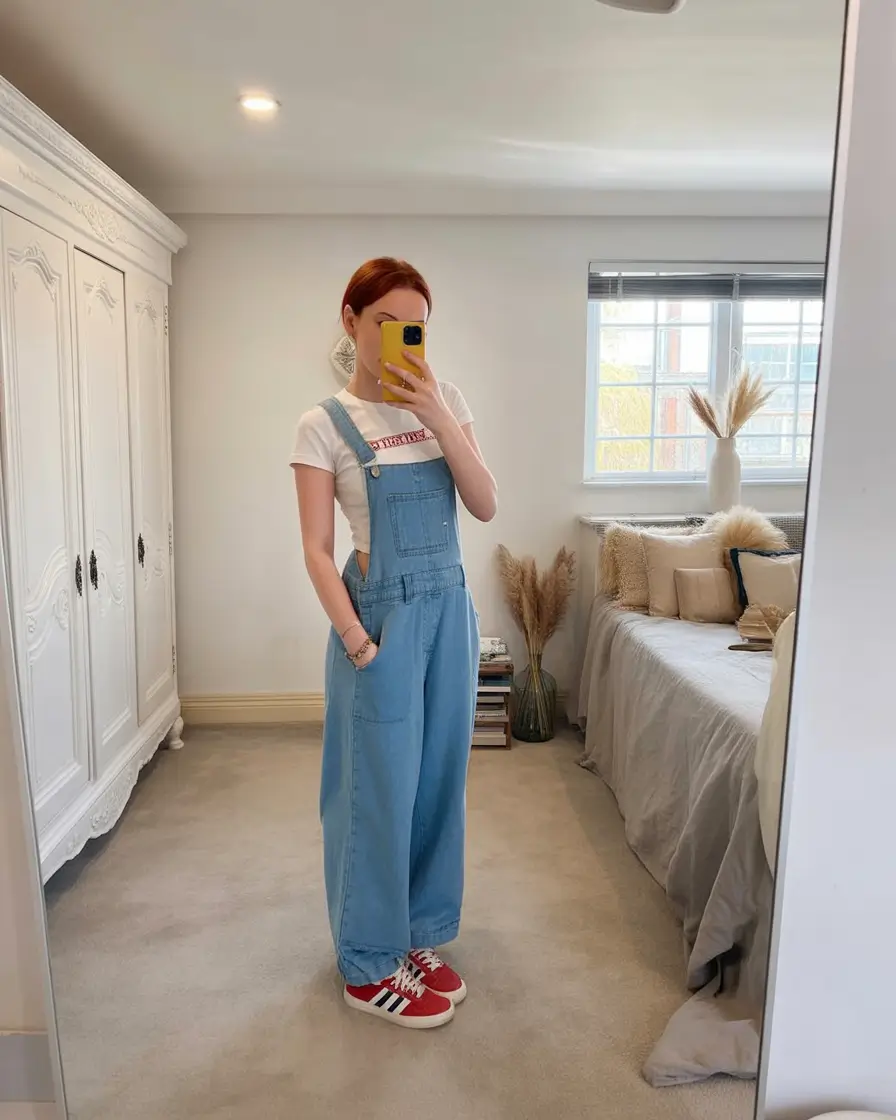 comfy spring outfits for cool spring 2026 relaxed denim overalls with retro sneakers
