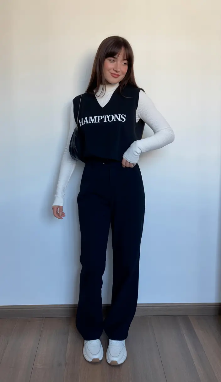 comfy spring outfits for cool spring 2026 preppy layering with dark trousers