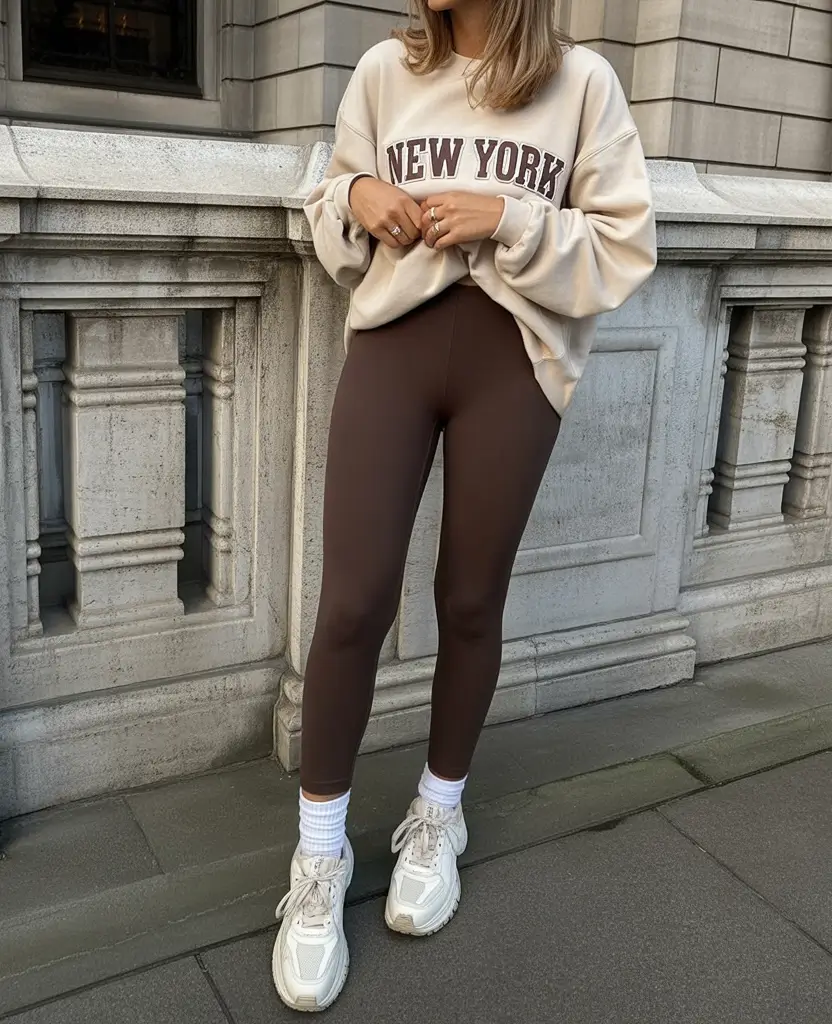 comfy spring outfits for cool spring 2026 cocoa leggings with an oversized spring sweatshirt