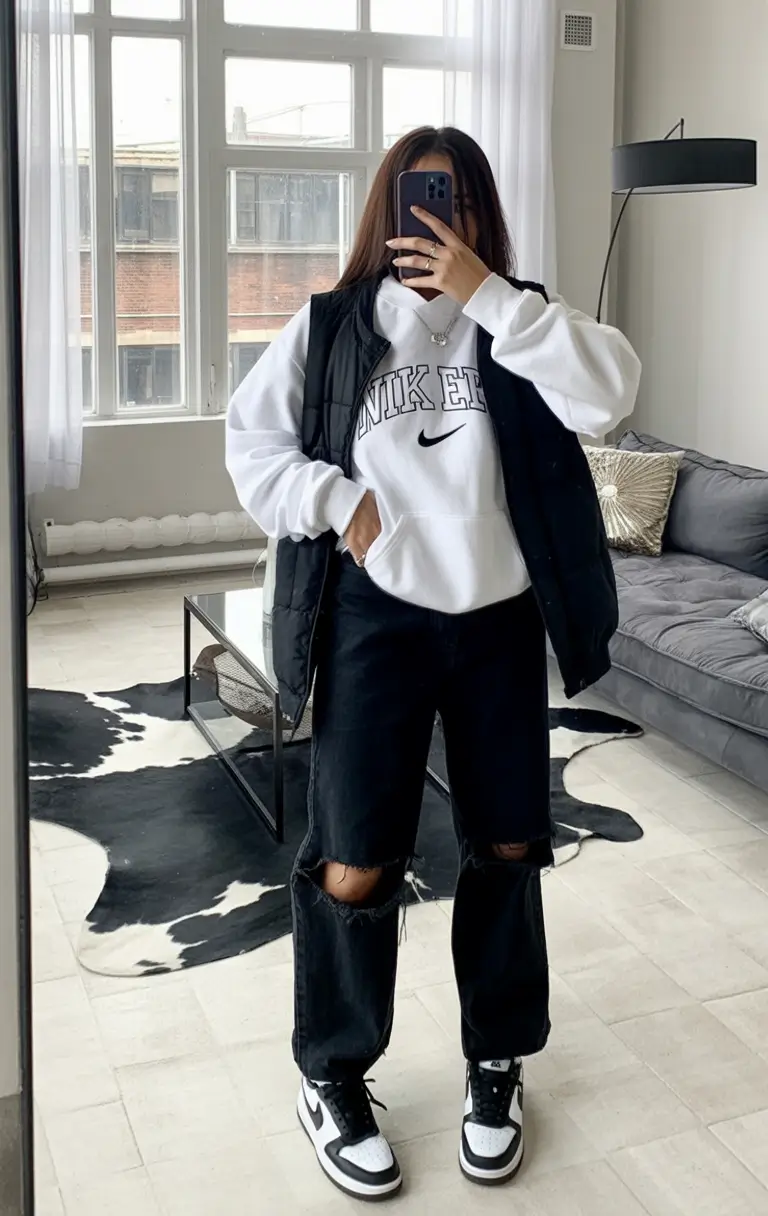 comfy spring outfits for cool spring 2026 sporty monochrome with distressed denim