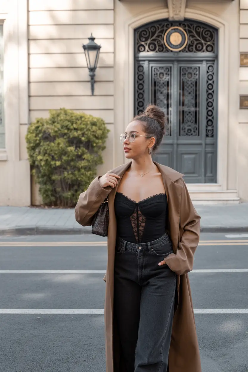cozy spring going out outfits 2026 Urban Elegance with a Structured Corset and Long Coat