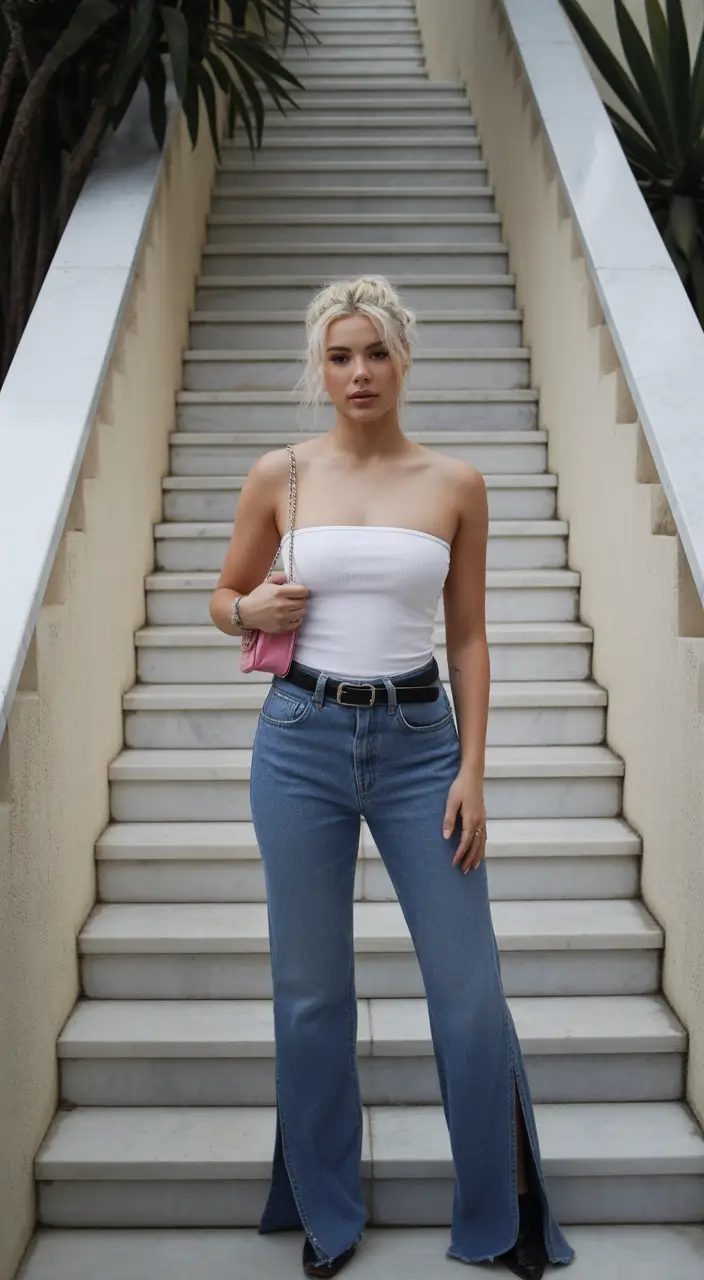 cozy spring going out outfits 2026 Strapless Simplicity with Flared Denim