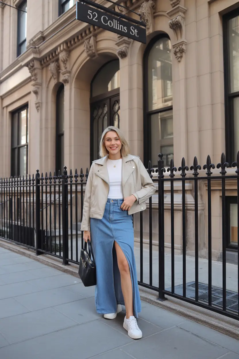 cozy spring going out outfits 2026 Denim Maxi Skirt with a Clean White Tee and Light Jacket