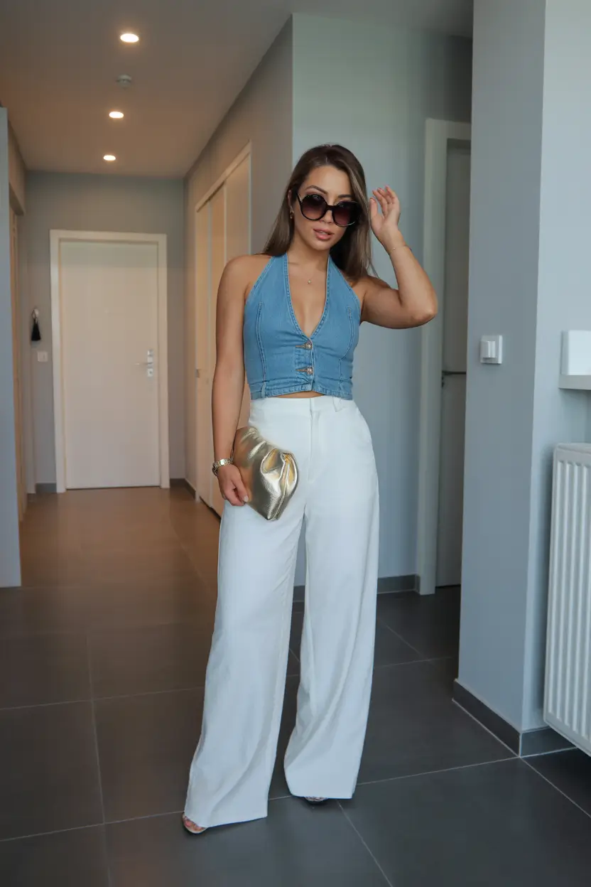 cozy spring going out outfits 2026 Denim Halter Top with Crisp White Trousers