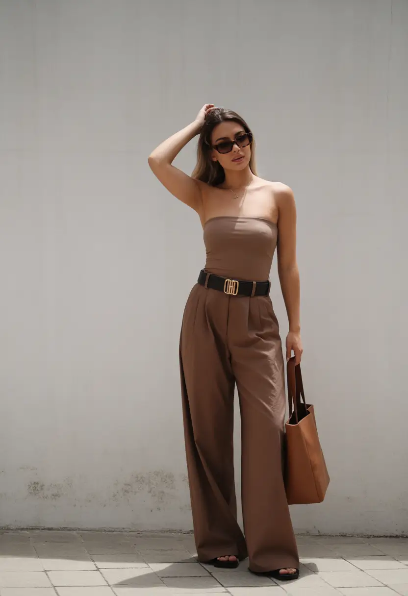 cozy spring going out outfits 2026 Monochrome Warmth with Strapless Top and Wide Trousers