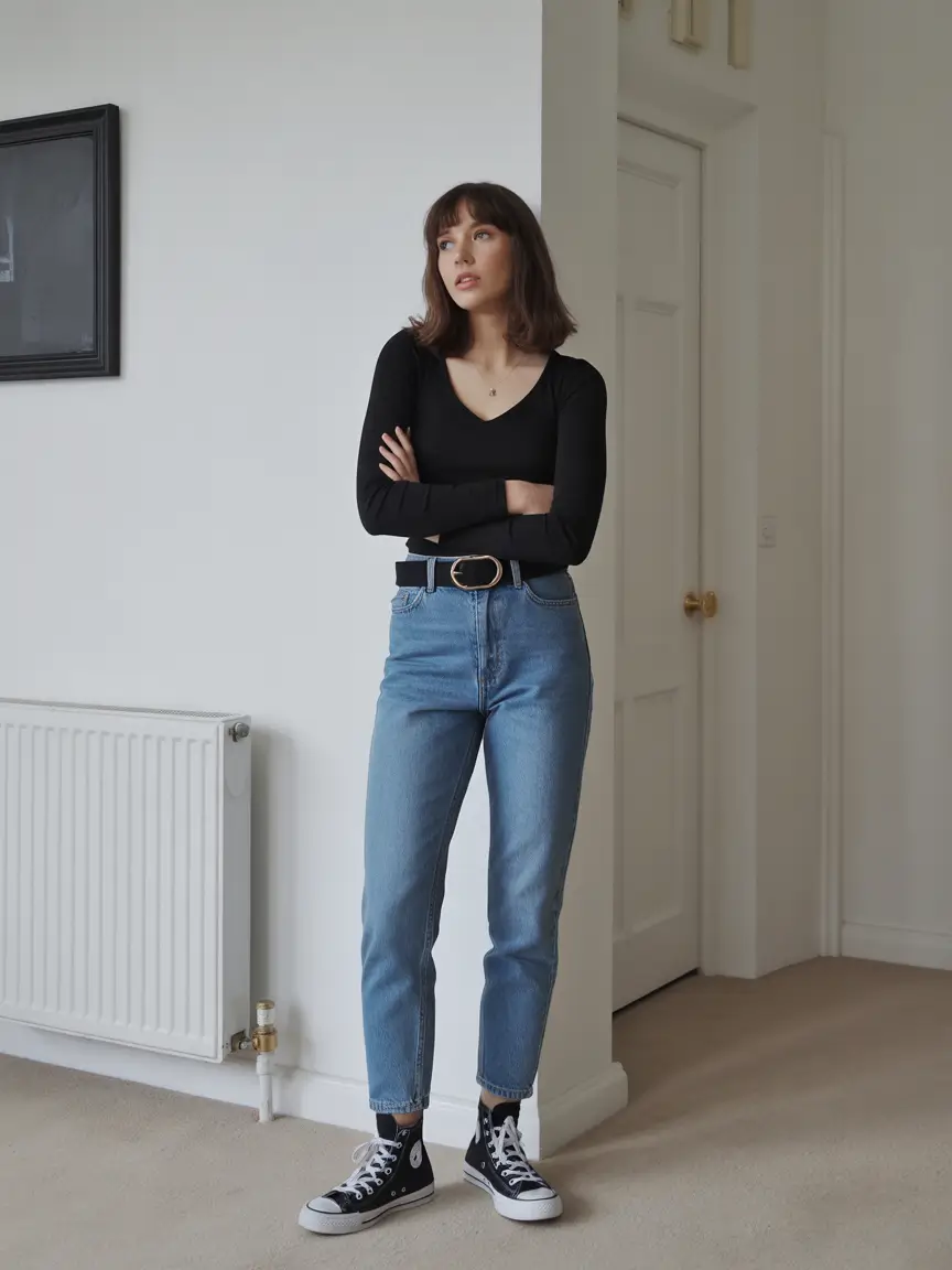 cozy spring going out outfits 2026 Clean Simplicity with Denim and a Black Long Sleeve