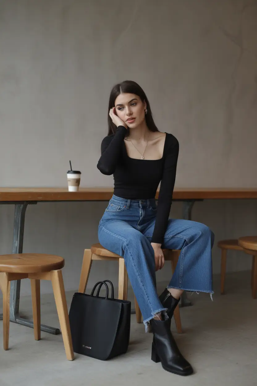 cozy spring going out outfits 2026 Everyday Chic with Denim and a Square Neckline