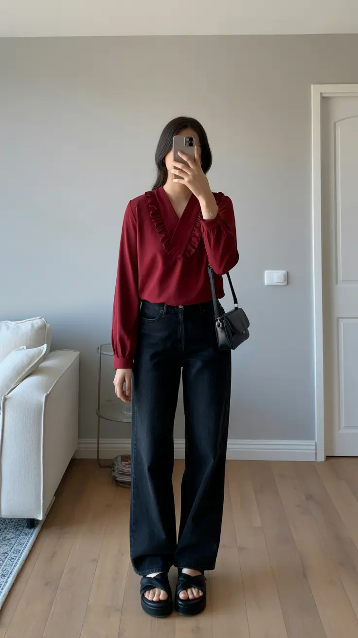 cozy spring going out outfits 2026 Deep Red Romance with Elevated Denim