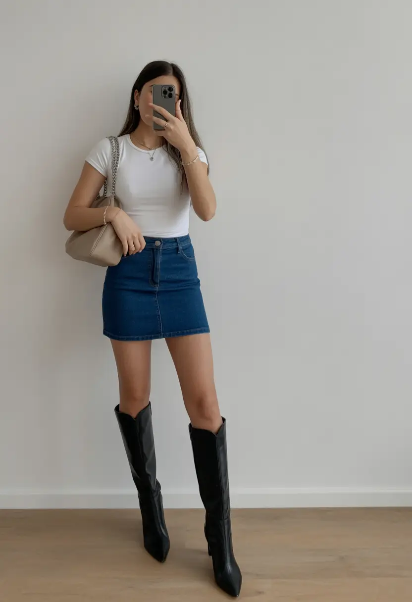 cozy spring going out outfits 2026 Classic White Tee with a Denim Skirt and Tall Boots