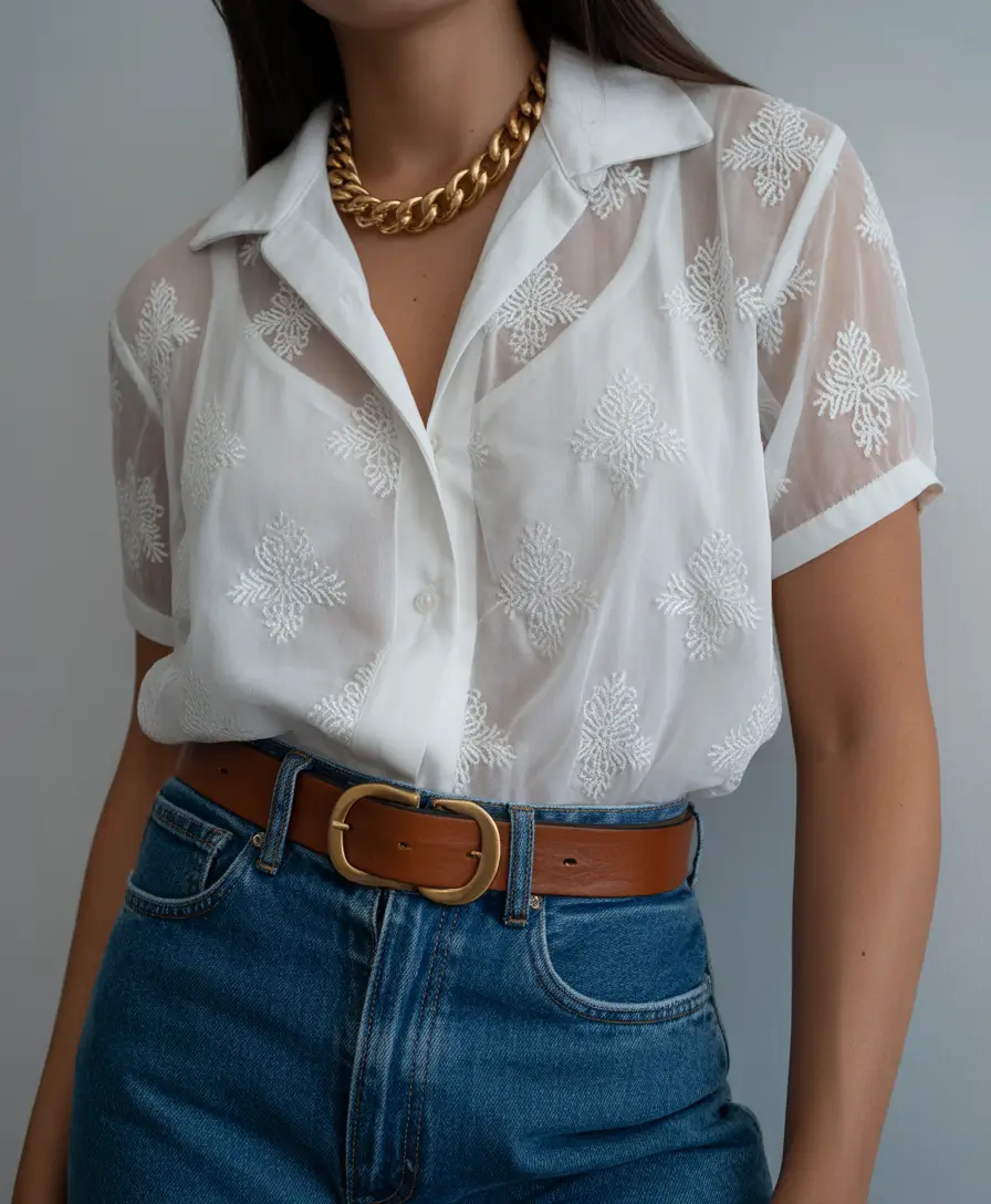cozy spring going out outfits 2026 Sheer Embroidery with Clean Denim