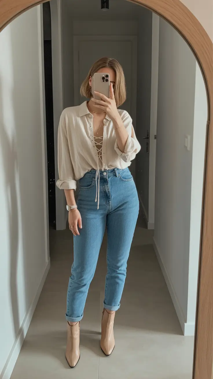cozy spring going out outfits 2026 Neutral Lace Up Blouse with Light Denim and Boots