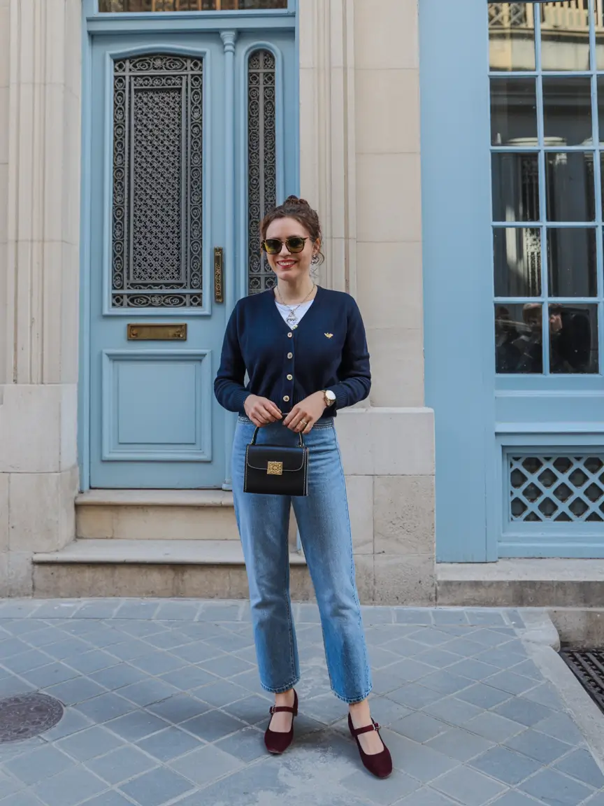 cozy spring travel outfits 2026 Soft Navy Layers for an Early European Morning