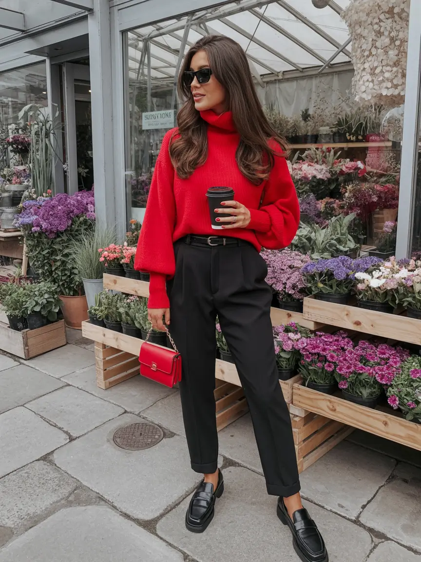 cozy spring travel outfits 2026 Bold Red Energy for Cold Spring Moments