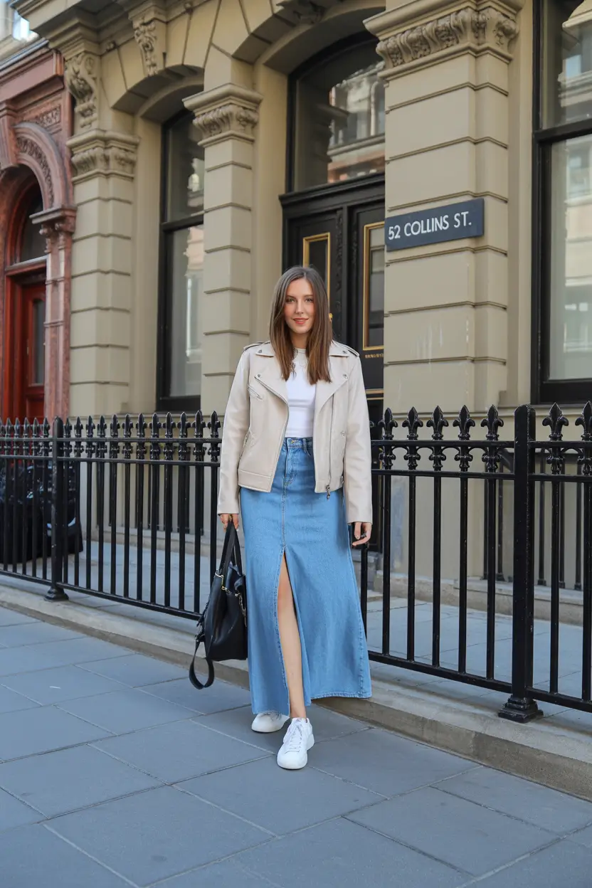 cozy spring travel outfits 2026 Denim Skirt Ease for Sunny Days in Italy