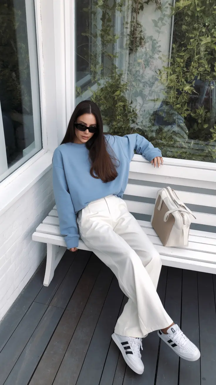 cozy spring travel outfits 2026 Soft Blue Layers for Calm Japan Inspired Travel Days