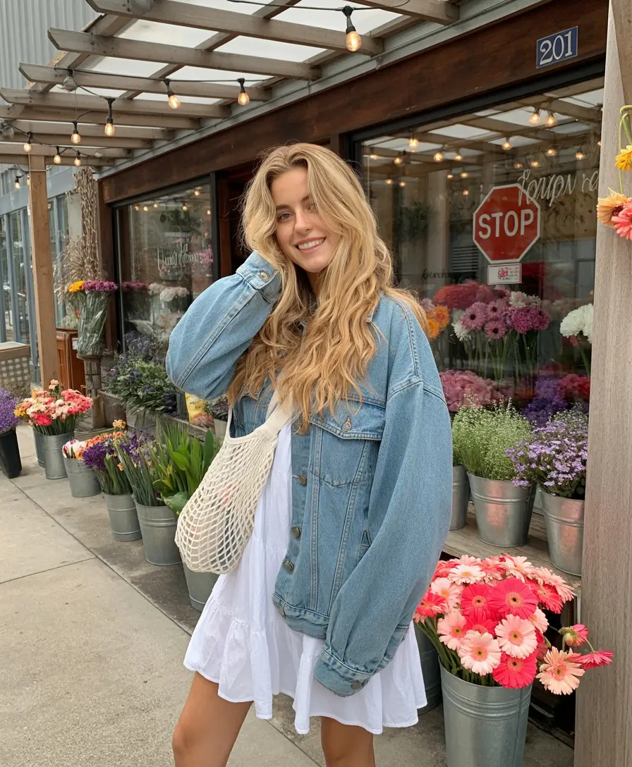 cute date spring outfits 2026 White sundress and denim jacket for romantic spring flower market dates