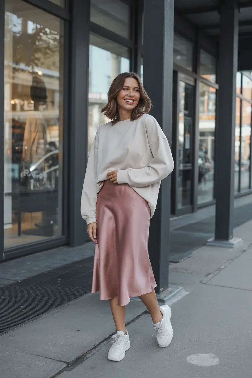 cute date spring outfits 2026 Satin skirt and oversized sweatshirt for dreamy spring comfort