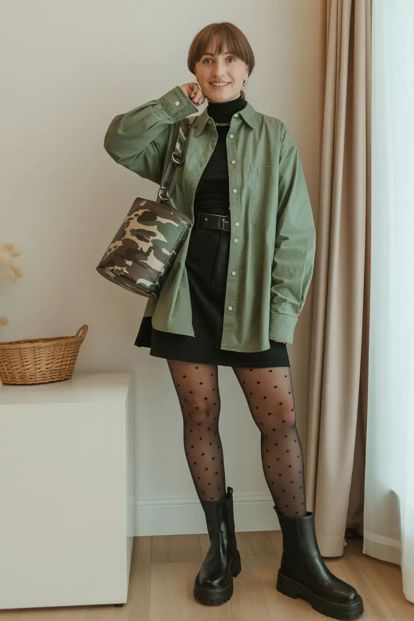 cute date spring outfits 2026 Green overshirt and mini skirt pairing for cool spring edge